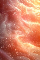 Fototapeta premium An abstract close-up of swirling liquid with bubbles, showcasing vibrant orange and pink hues, creating a dreamy, ethereal atmosphere.