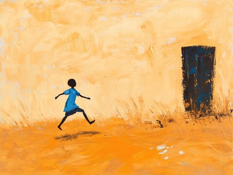 Fulani boy in a blue shirt runs towards his mother in a desert setting The Fulani people are the largest ethnic group in West African savannahs