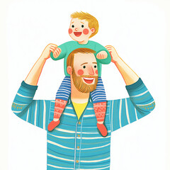 Minimalistic clipart of a joyful father in a casual shirt with a baby on his shoulders, both laughing together, featuring simple lines, full-body portrait, isolated on white background.