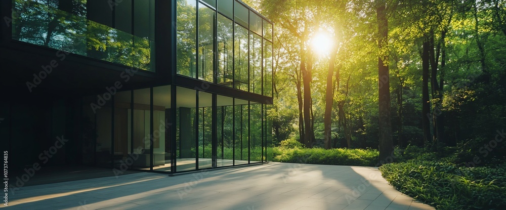 Poster modern glass building with a view of a lush forest.