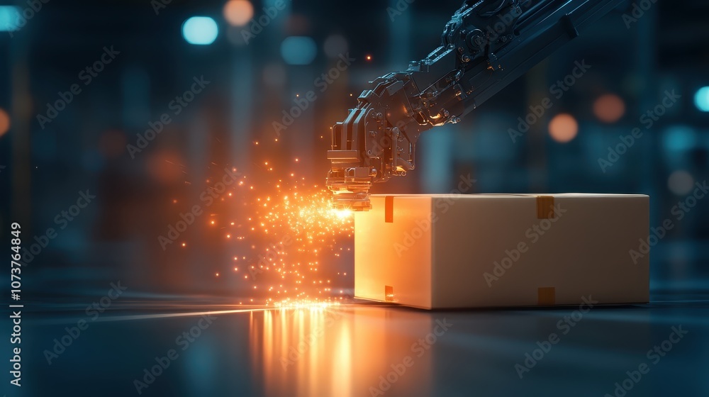 Poster a high-tech robotic arm reaches toward a plain box, with dynamic sparks flying, symbolizing advanced