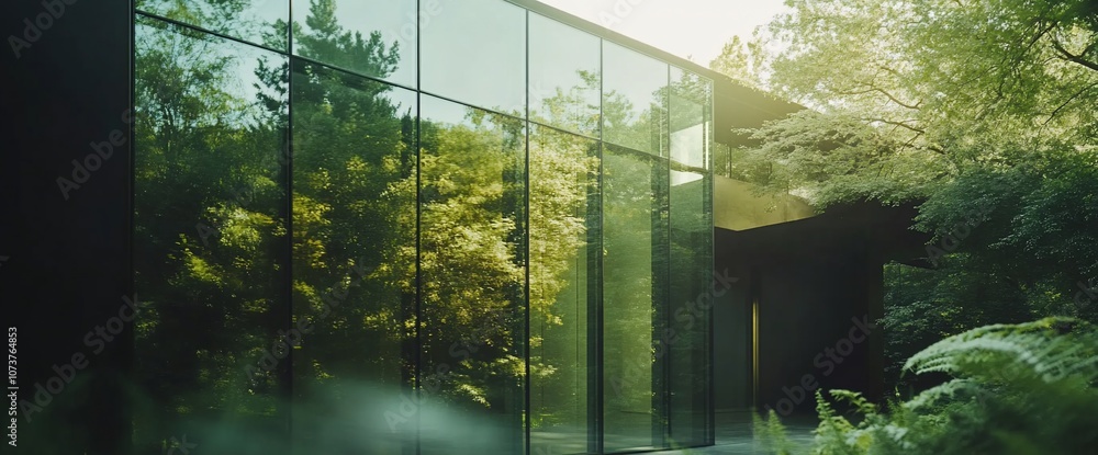 Aufkleber modern glass building with large windows reflecting lush green trees and foliage.