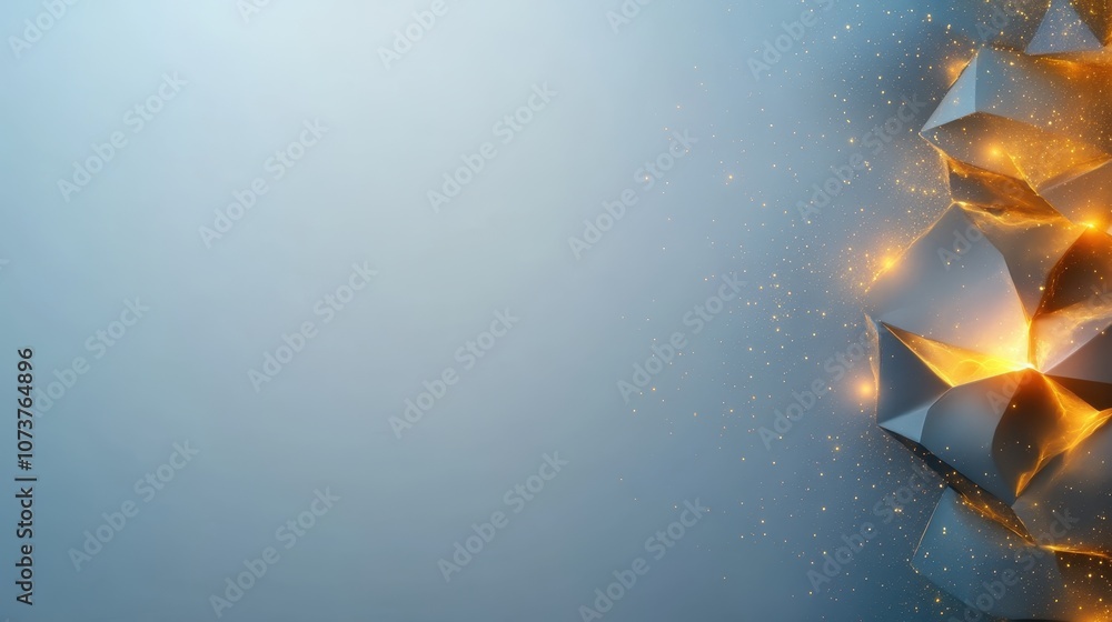 Poster a captivating image of interconnected golden geometric shapes emitting glowing orange sparkles again