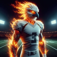 Fototapeta premium A dynamic and fiery character sports an eagle head, symbolizing strength and agility in a thrilling football setting.