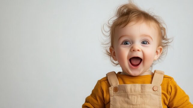 A baby with curly hair, wearing mustard-colored overalls, shows excitement with a wide smile on a neutral background, radiating joy and vitality.