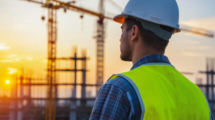 Construction worker wearing a hard hat and safety vest with cranes and buildings in the background at sunset.