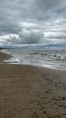 Dramatic Clouds, Gentle Waves, and Seagulls on a Quiet Sandy Shoreline
