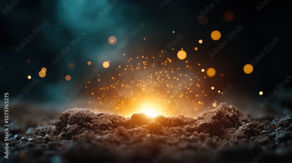 Poster the image showcases glowing embers on a dark earthy surface with mesmerizing sparks flying in the ai