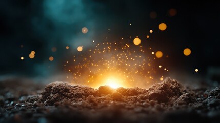 The image showcases glowing embers on a dark earthy surface with mesmerizing sparks flying in the air, creating a surreal and mystic atmosphere of warmth and glow.