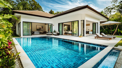 Fototapeta premium Magnifique maison contemporaine avec terrasse, piscine et jardin