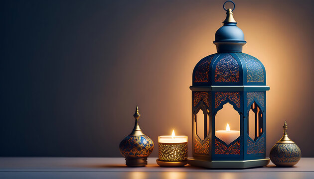  A minimalist Islamic backdrop featuring a burning candle, lantern, and arabesque motifs is _1(120)