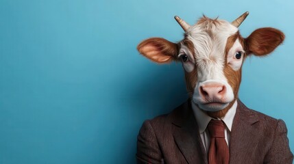 A cow with a suit and tie posing against a blue background, merging human fashion with animal identity to convey sophistication and humor.