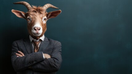 A goat with a charming and sophisticated demeanor is dressed in a structured jacket and tie, standing against a dark backdrop, embodying a whimsical essence.