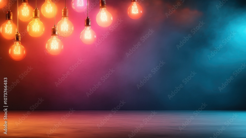 Poster multiple vibrant edison-style bulbs hang against a visually appealing gradient backdrop, creating a 