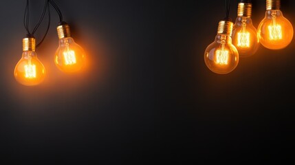 Several hanging light bulbs suspended against a minimalist dark backdrop emit a warm glow, evoking a sense of mystery and elegance in a modern setting.
