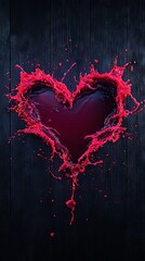   A heart-shaped object with red paint splatters on its side rests atop a black wooden surface against a dark background