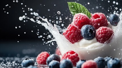 Fototapeta premium Delightful raspberries and blueberries create an explosive splash in creamy yogurt, captured in a stunning display of movement and vibrancy, awakening the senses.