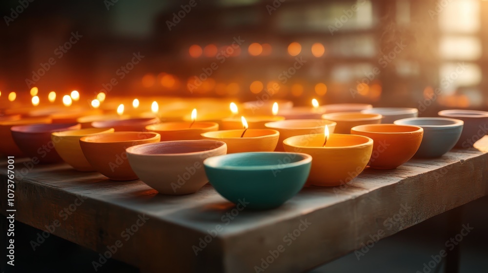 Poster a series of colorful diya candles casting a warm glow on a wooden table, creating an inviting and se