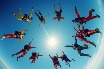 A group of skydivers forming a synchronized formation in the sky, with bright blue sky in the background.