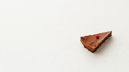   A chocolate cake with a bite missing sits on a white surface, featuring a red dot above the cutout