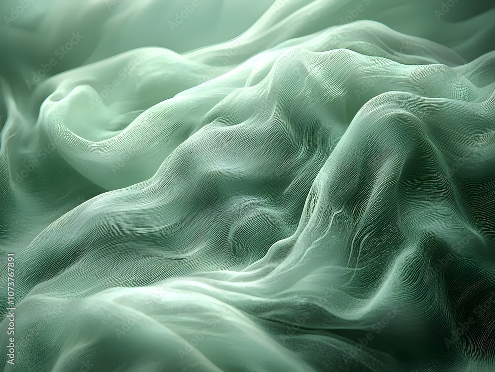 Poster a mesmerizing close-up of soft, flowing mint green fabric, creating a serene and ethereal atmosphere