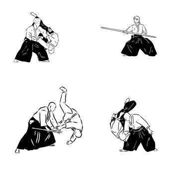 Aikido combat between athletes, stylized vector illustration
