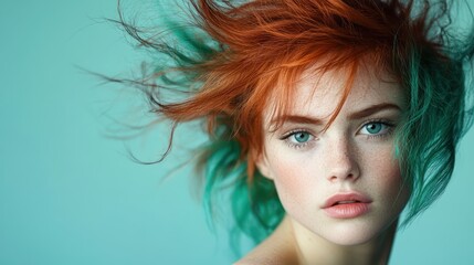 Fototapeta premium A striking portrait of a model with vibrant red and green hair beautifully styled, showcasing her piercing blue eyes and freckles against a soft aqua background.