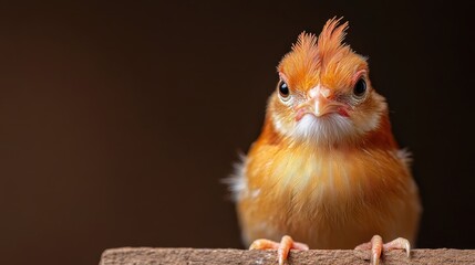 A close-up shot of a vivid orange bird featuring a peculiar crest atop its head, giving a curious expression set against a plain brown background.