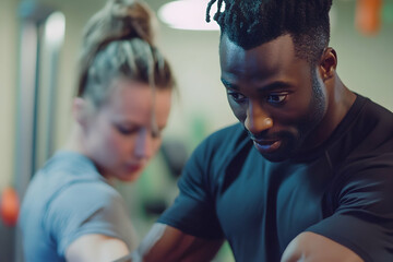 Obraz premium Personal training session focuses on strength building in a modern gym setting