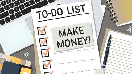 To-do list with "make money!" item on desk with laptop and pen