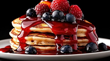   Stacked pancakes with berries & syrup on a white plate atop a black tablecloth