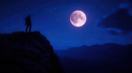 A solitary figure stands on a cliff, gazing at a large, luminous moon against a starry blue night sky.