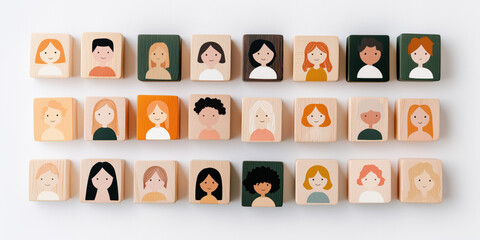 Diverse wooden blocks featuring illustrated people, showcasing unity and inclusion