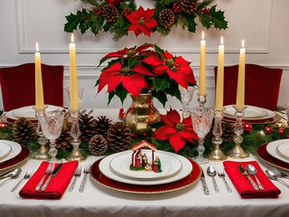 Elegant Christmas Dinner Table Setting with Candles, Gifts, and Festive Decorations