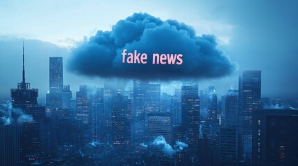 Fototapeta premium Dark cloud labeled fake news over a city skyline, symbolizing the spread of disinformation.