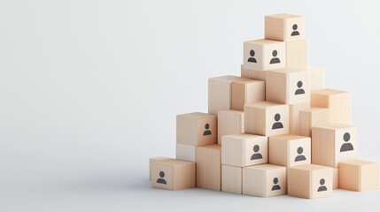 Minimal wooden blocks stacked with simple human icons, symbolizing teamwork