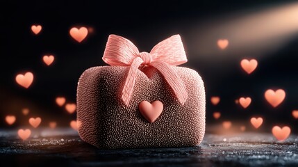 A beautifully wrapped gift box adorned with a pink ribbon and heart accents, ideal for celebrations and love.