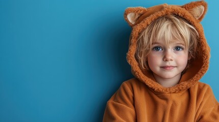 A cute toddler in an adorable brown bear costume looks curiously into the camera. The child stands out against a serene blue background creating a whimsical scene.