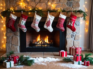 Rustic style fireplace with decor and red stockings with gifts, warm evening lighting
