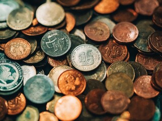 A pile of coins sitting on top of a table.