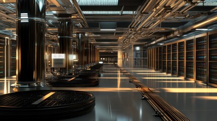 AI data center filled with servers and cooling systems, futuristic infrastructure for AI processing
