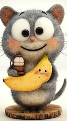   Mouse figurine holding a banana, lantern, and basket on its chest