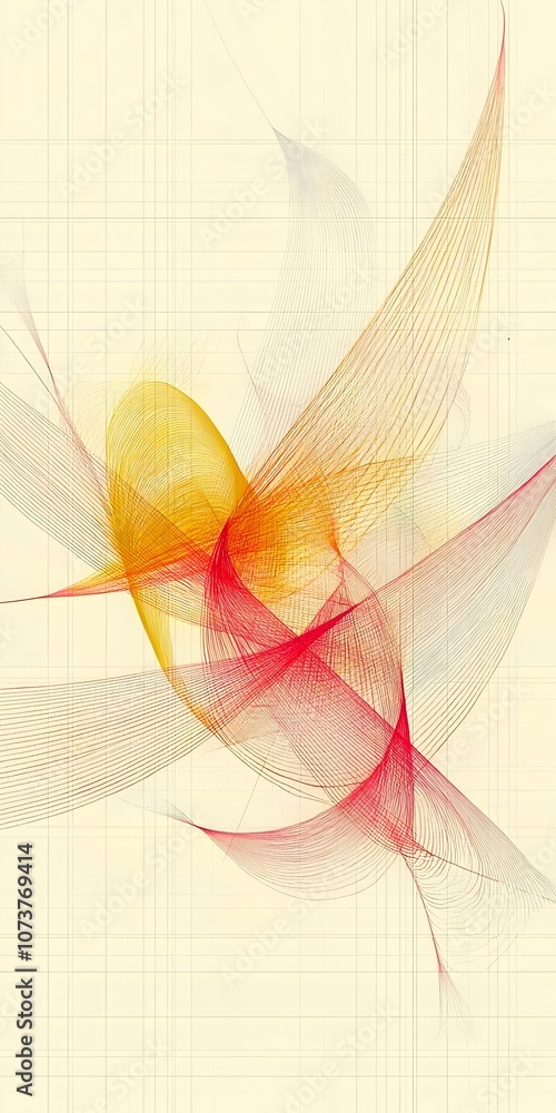 Poster an abstract composition featuring flowing lines in vibrant shades of red, orange, and yellow against