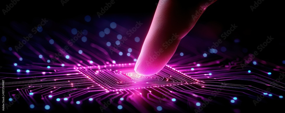 Poster a close-up image showing a finger touching a vibrant microchip, symbolizing innovation and modern te