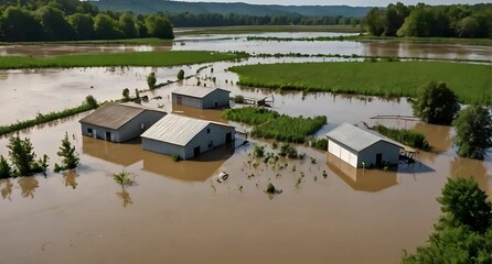 flooded farm and sheds