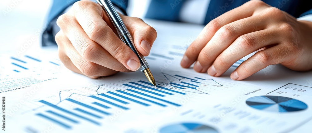 Poster a close-up of hands analyzing financial charts and graphs with a pen, symbolizing data-driven decisi