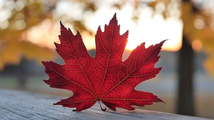 Red autumn leaf with veins and textures on wooden surface, sunrise glow and trees in background