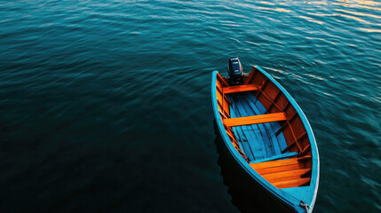Obraz premium A small, colorful boat floats on calm water, reflecting serene tranquility and nature's beauty.