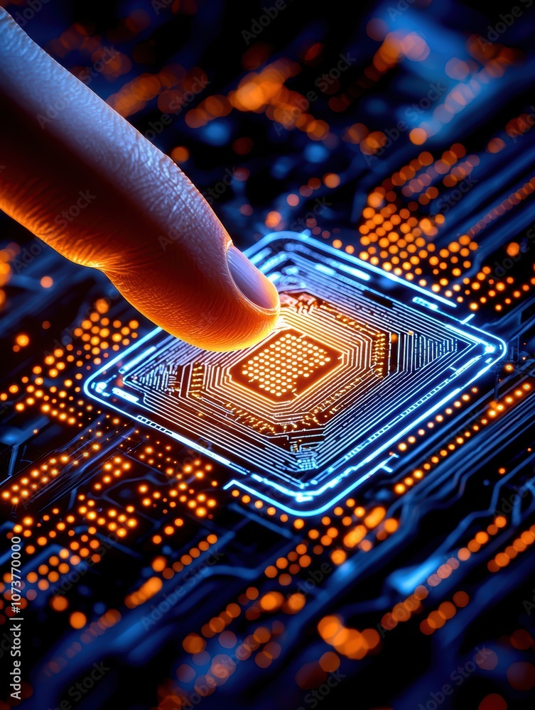Poster a close-up view of a finger touching a microchip on a circuit board, symbolizing advanced technology