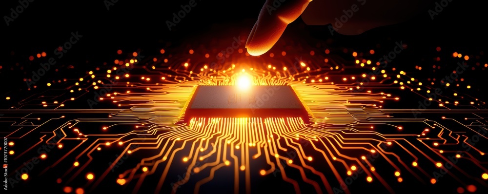 Poster a close-up view of a hand touching a glowing microchip, representing innovation and the future of te